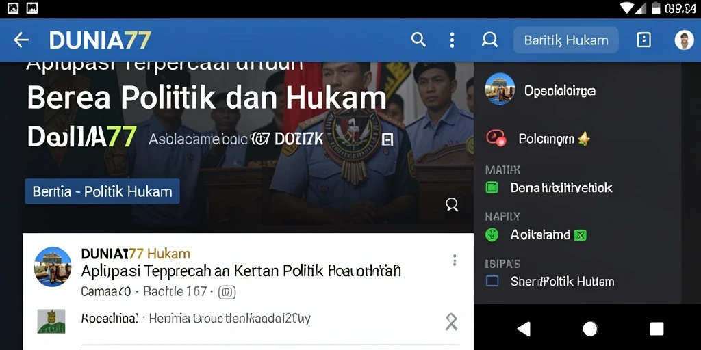 Tampilan antarmuka aplikasi DUNIA77 dengan berita terkini tentang politik dan hukum.